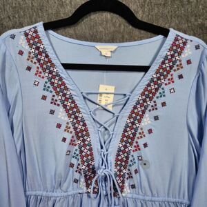NWT Aeropostale‎ Women Sz M Peasant Embroidered Lace Up Babydoll Long Sleeve Top